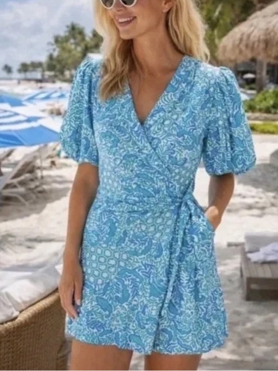 Lilly Pulitzer Pants - Lilly Pulitzer Light Blue & White Wrap Romper